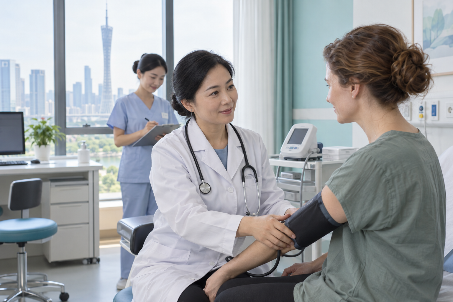 Chinese doctor and nurse assisting an international patient during a routine health assessment