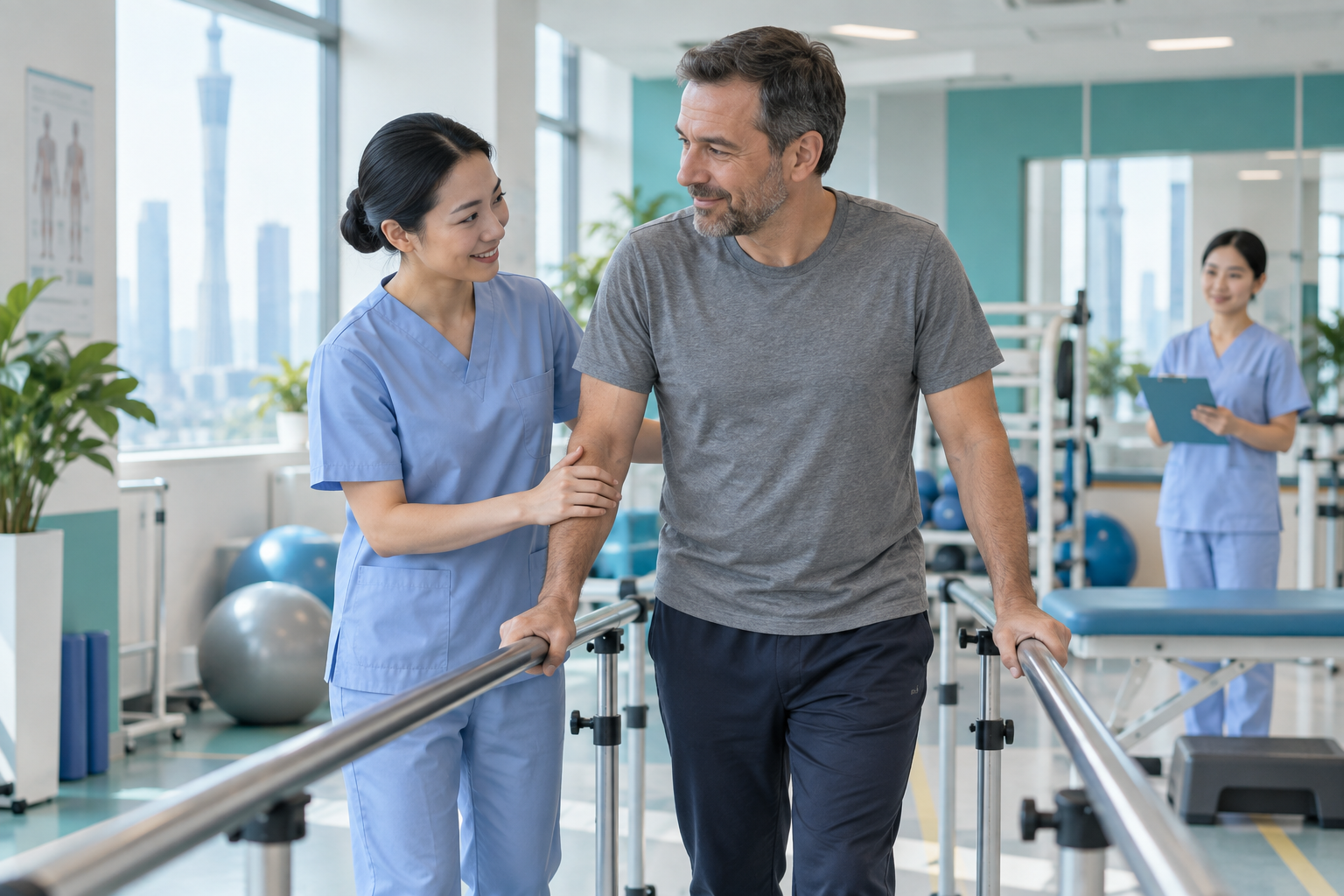 Chinese physiotherapist and nurse guiding an international patient through rehabilitation