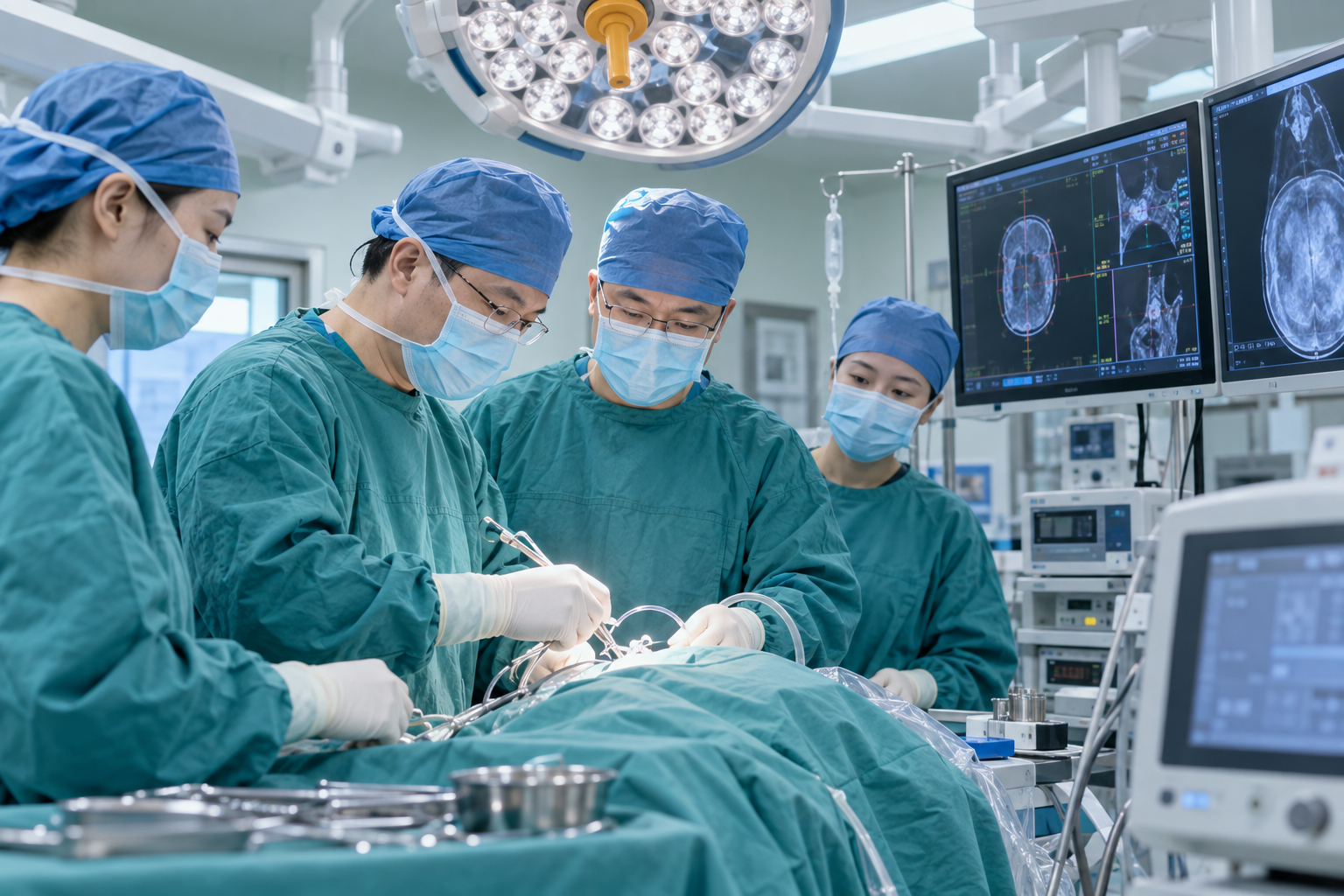 Chinese specialist surgical team working with image-guided medical technology