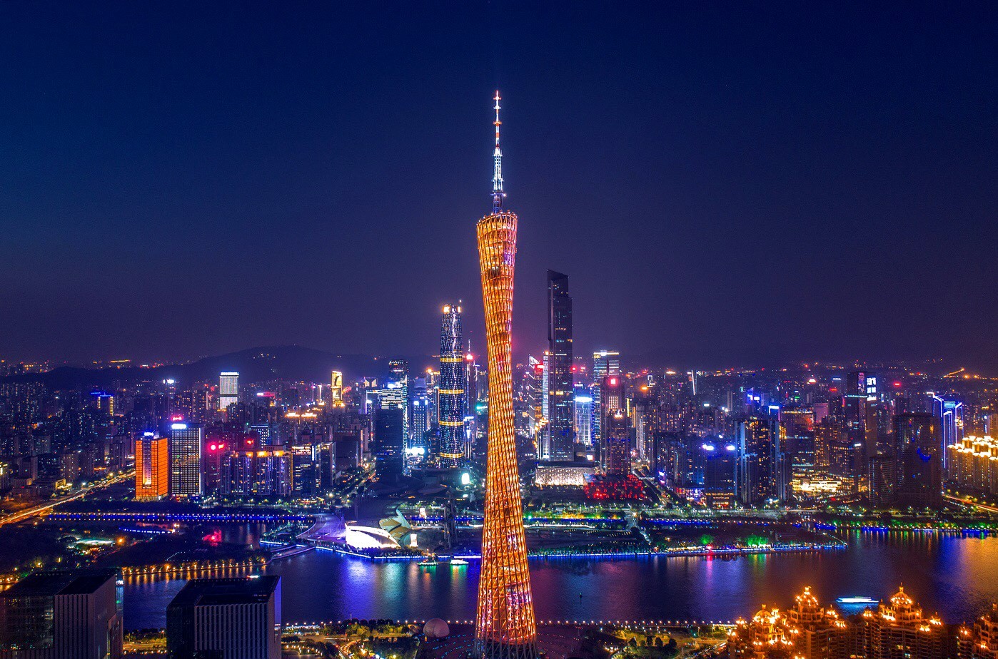 Canton Tower and Guangzhou skyline at night